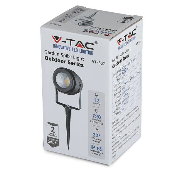 V-TAC VT-857-B Tuinspikes Buitenverlichting - IP65 - Zwart - 12W - 720 Lumen - Groen