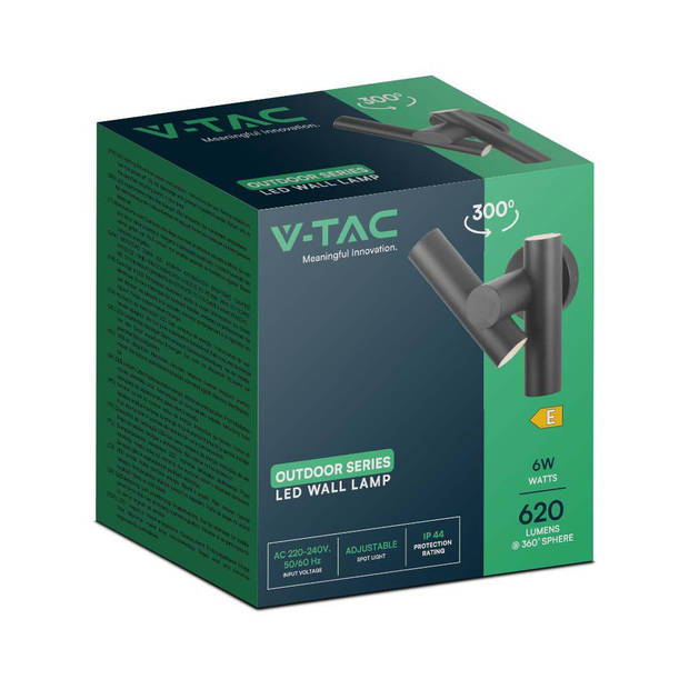 V-TAC VT-1186-B Buitenverlichting - Verstelbare wandlamp - IP44 - Zwarte Behuizing - 6 Watt - 620 Lumen - 3000K