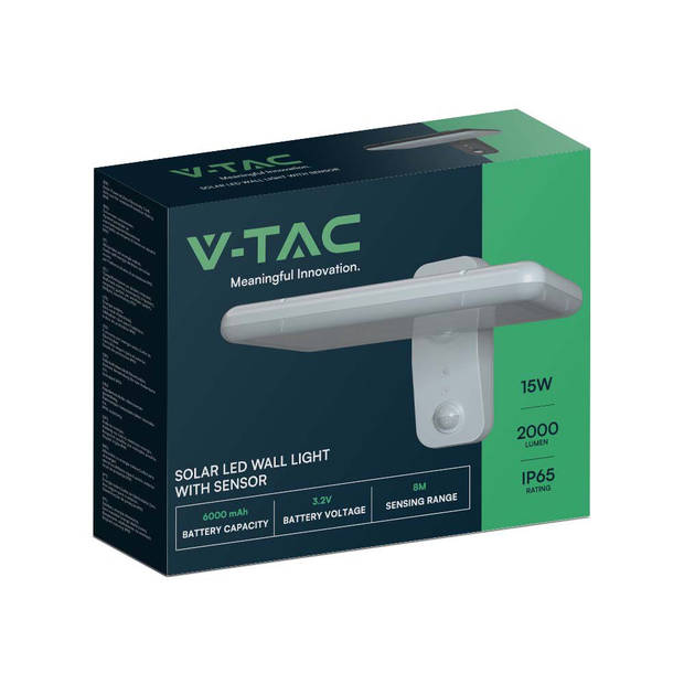 V-TAC VT-414-W Solarlampen - Solar Wandlampen Sensor - IP65 - Wit - 15 Watt - 2000 Lumen - 6000K+4000K