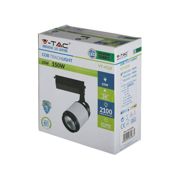 V-TAC VT-4528 LED Tracklights - Zwart Wit Tracklights - IP20 - Zwart+Wit - 25 Watt - 2100 Lumen - 6000K - 5 Jaar