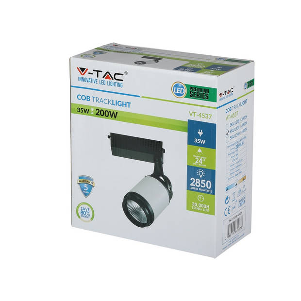 V-TAC VT-4537 LED Tracklights - Zwart Wit Tracklights - IP20 - Zwart+Wit - 35 Watt - 2850 Lumen - 6000K - 5 Jaar