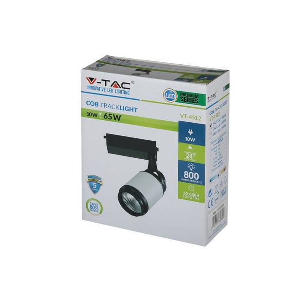 V-TAC VT-4512 LED Tracklights - Zwart Wit Tracklights - IP20 - Zwart+Wit - 10 Watt - 800 Lumen - 6000K - 5 Jaar