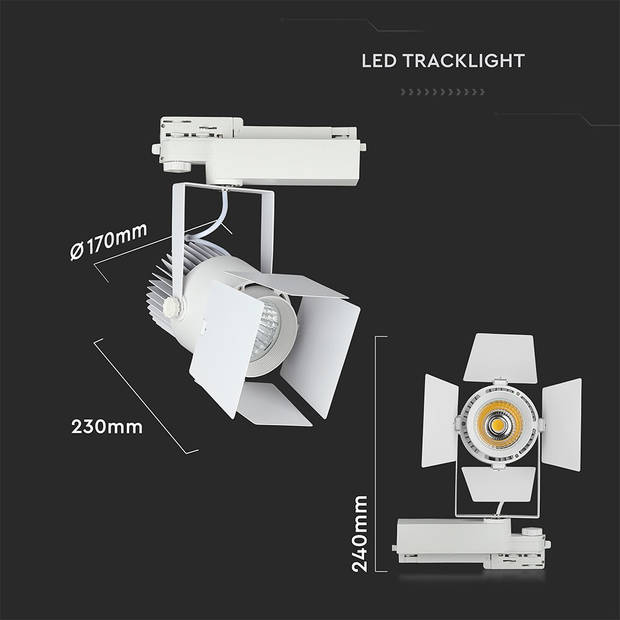 V-TAC VT-433-W LED Tracklights - Rolluik Tracklights - Samsung - IP20 - Wit - 33 Watt - 2640 Lumen - 5000K - 5 Jaar