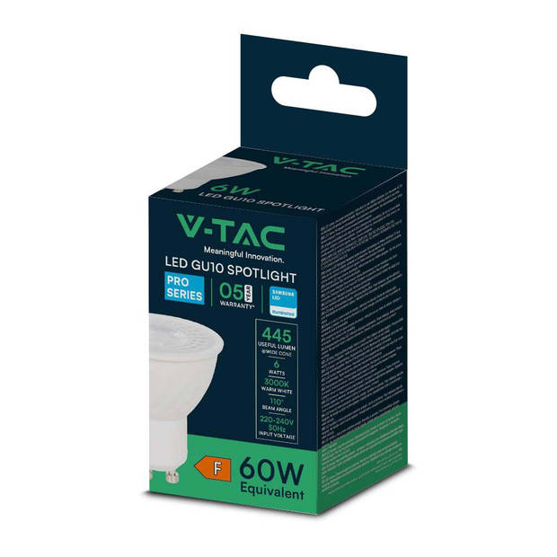 V-TAC VT-247 LED Spots - GU10 Lens 110° - - 445lm/w - Samsung - IP20 - 6 Watt - 445 Lumen - 3000K - 5 Jaar