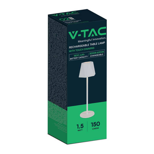 V-TAC VT-1034-W Oplaadbare tafellamp - IP20 - Wit lamphuis - 1,5 Watt - 150 Lumen - 3IN1