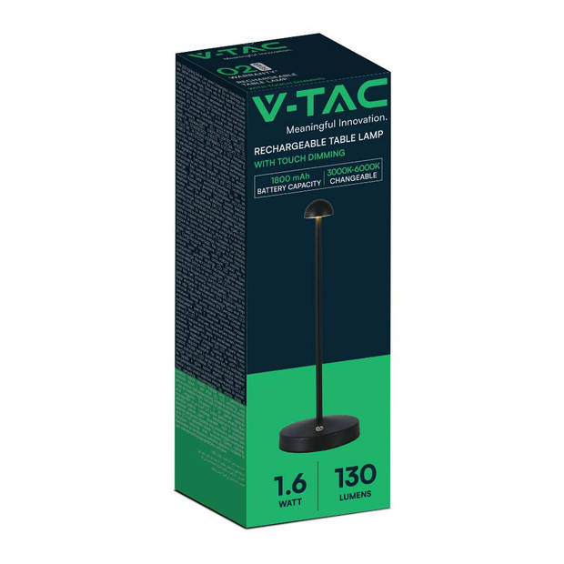 V-TAC VT-1073-B Oplaadbare tafellamp - IP20 - Zwarte behuizing - 1,6 watt - 130 lumen - 3IN1