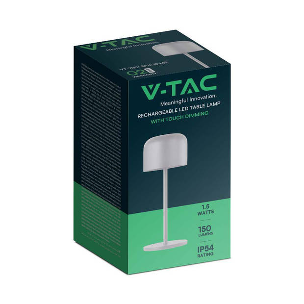 V-TAC VT-1181 Oplaadbare tafellamp - IP54 - Wit lamphuis - 1,5 Watt - 150 Lumen - 2700K+5700K