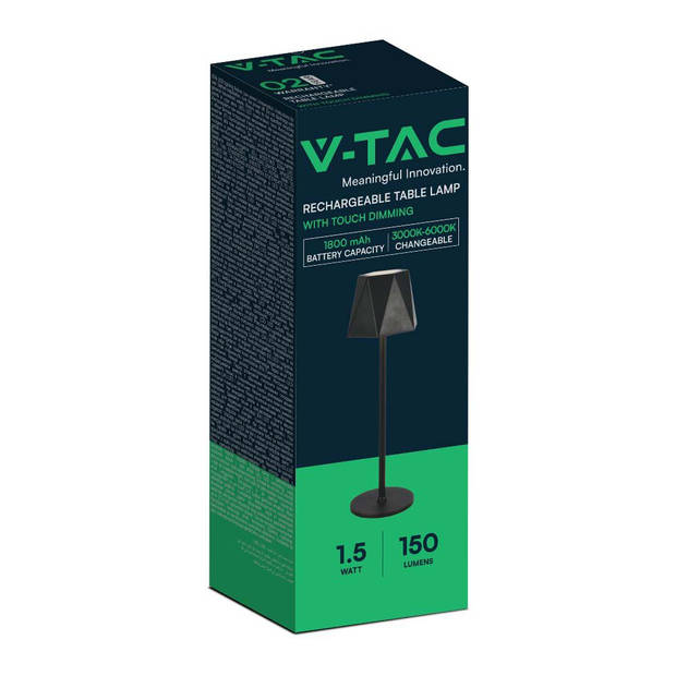 V-TAC VT-1034-B Oplaadbare tafellamp - IP20 - Zwarte behuizing - 1,5 watt - 150 lumen - 3IN1