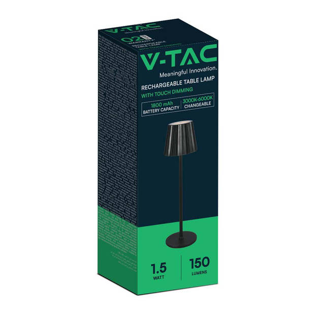 V-TAC VT-1028-B Oplaadbare tafellamp - IP20 - Zwarte behuizing - 1,5 watt - 150 lumen - 3IN1