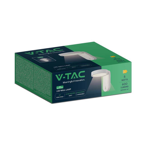 V-TAC VT-1180-W LED wandlamp - Draaibare lampen - IP20 - Witte behuizing - 5 Watt - 600 Lumen - 3000K+4000K