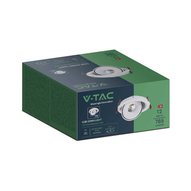 V-TAC VT-2512-W LED Downlights - Verstelbare Downlight - IP20 - 12 Watt - 785 Lumen - 3IN1 - Modelnr: - VT-2512-W