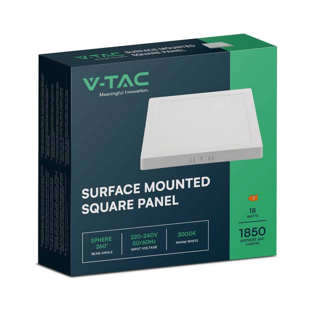 V-TAC VT-60018 LED Minipanelen - Slank Oppervlakte Vierkant - IP20 - Witte Behuizing - 18 Watt - 1850 Lumen - 3000K