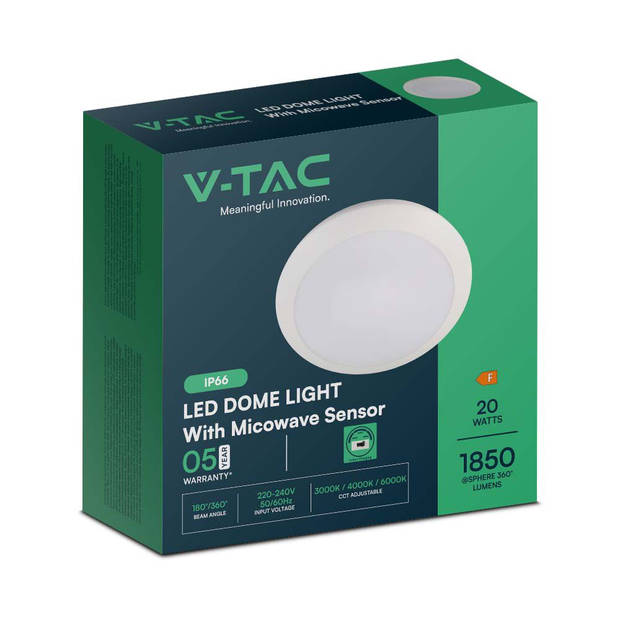 V-TAC VT-8222 LED-koepellampen - Ronde koepellampen - Sensor - IP66 - 20 Watt - 1850 Lumen - 3IN1 - 5 Jaar
