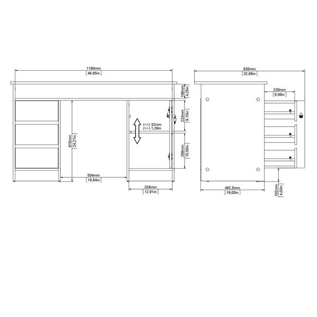 FunctionPlus bureau met slot 1 deur 3 laden okkernoot decor.