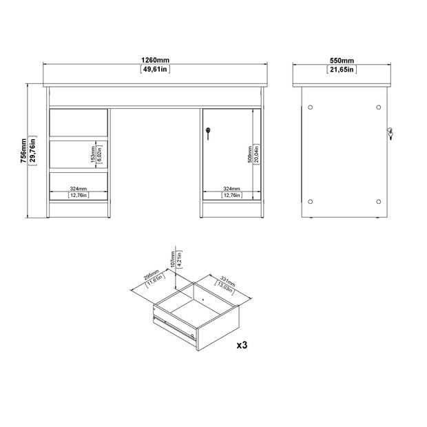 FunctionPlus bureau met slot 1 deur 3 laden okkernoot decor.