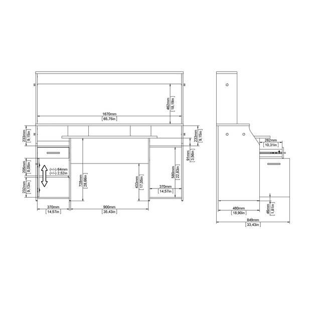 FunctionPlus bureau met wandkast planken 1 deur 1 lade grijs mat.