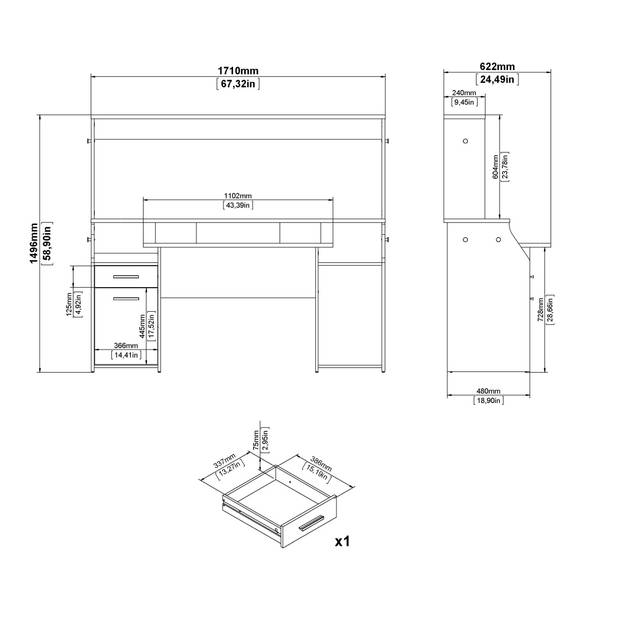 FunctionPlus bureau met wandkast planken 1 deur 1 lade grijs mat.