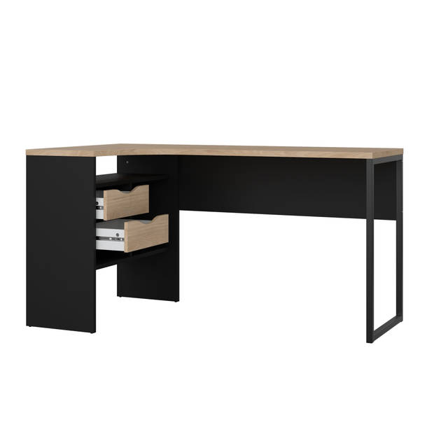 FunctionPlus bureau hoek 3 planken 2 laden okkernoot decor zwart mat.