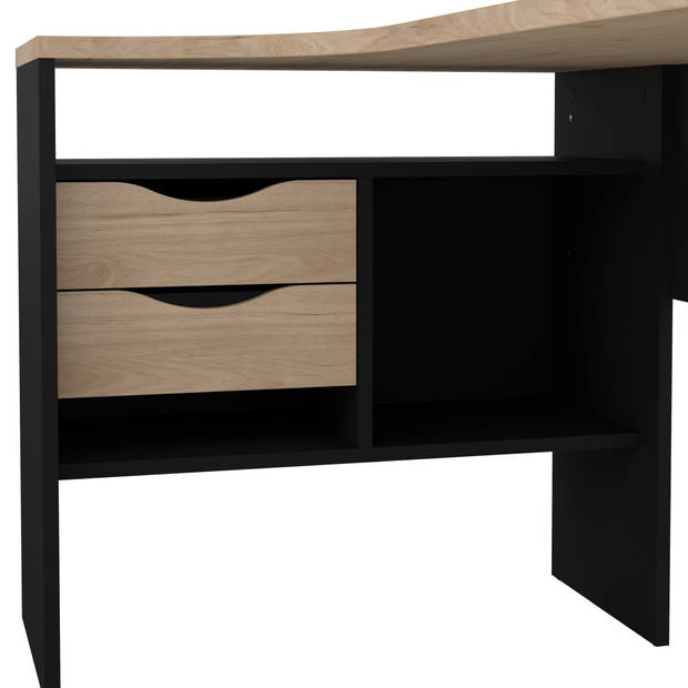 FunctionPlus bureau hoek 3 planken 2 laden okkernoot decor zwart mat.