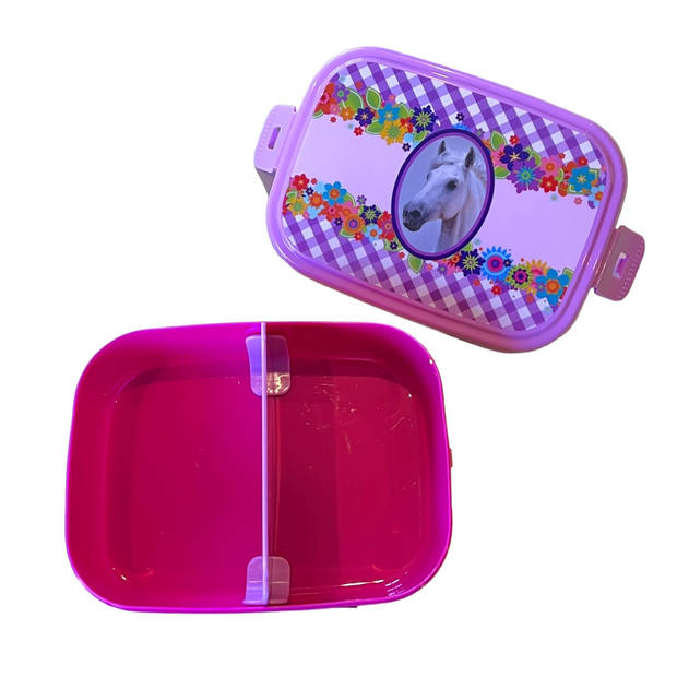 Paarden lunchbox broodtrommel met drinkfles voor kinderen - Roze - 16 x 12 x 6 cm