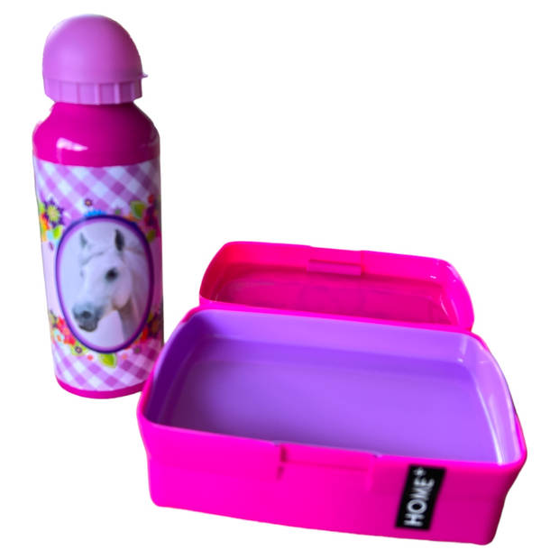 Paarden lunchbox broodtrommel met drinkfles - Roze - 16 x 12 x 6 cm