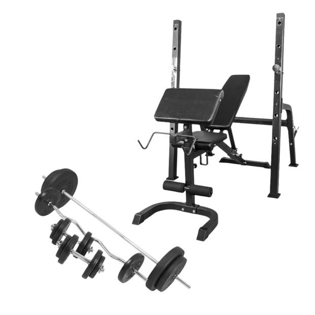 Gorilla Sports Halterbank met Squat Rack + 100 kg set - Halterstang met gewichten - Zwart - 30 mm