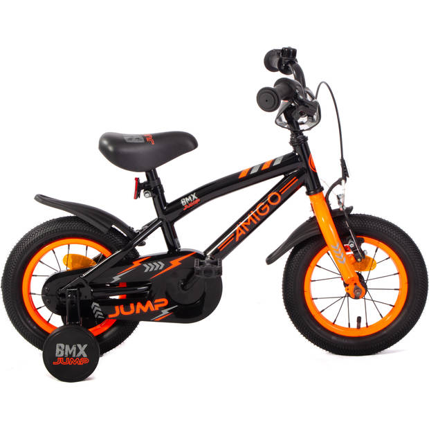 AMIGO Jongensfiets BMX Jump 12 Inch 22 cm Jongens Terugtraprem Zwart/Neon Oranje