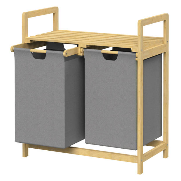 Wasmand met twee uittrekbare waszakken Grijs 2x30 liter Frame van bamboehout ML design