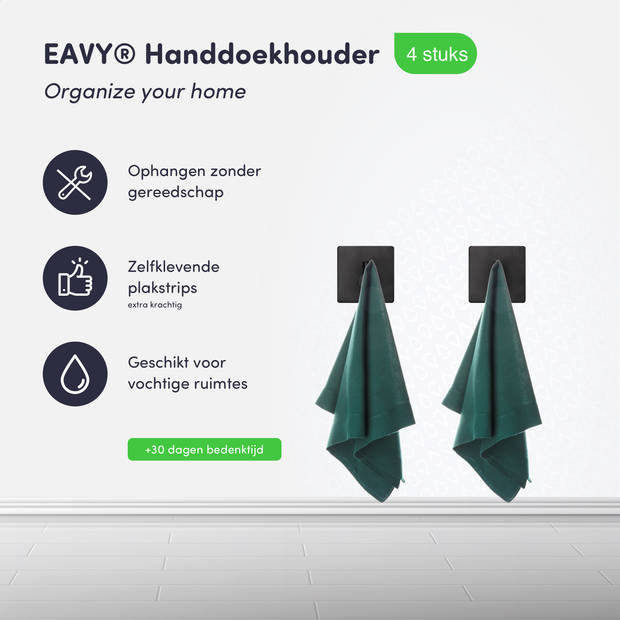 EAVY Handdoekhaakjes Zelfklevend Zwart - 4x Zelfklevende Haakjes - Handdoekhouder