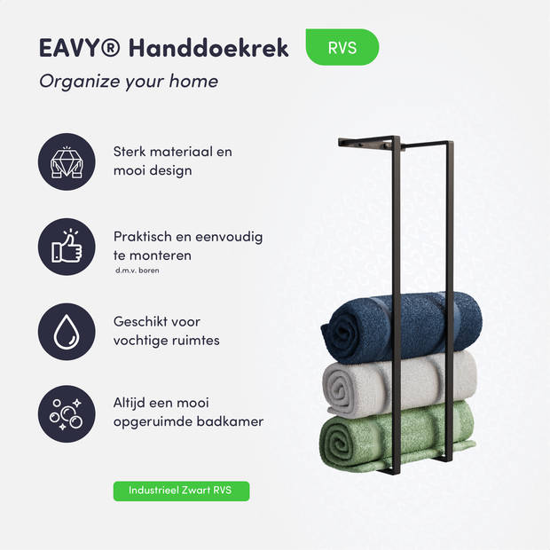 EAVY Handdoekrek 70x20x14 - Handdoekstang - Handdoekhouders - Handdoekenrek - RVS - Mat Zwart