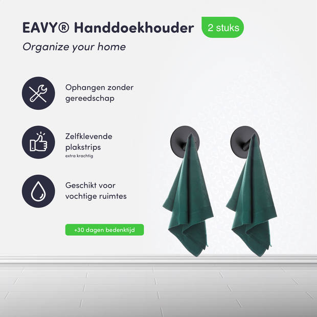 EAVY Handdoekhaakjes Zelfklevend Zwart - 2x Zelfklevende Haakjes - Handdoekhouder
