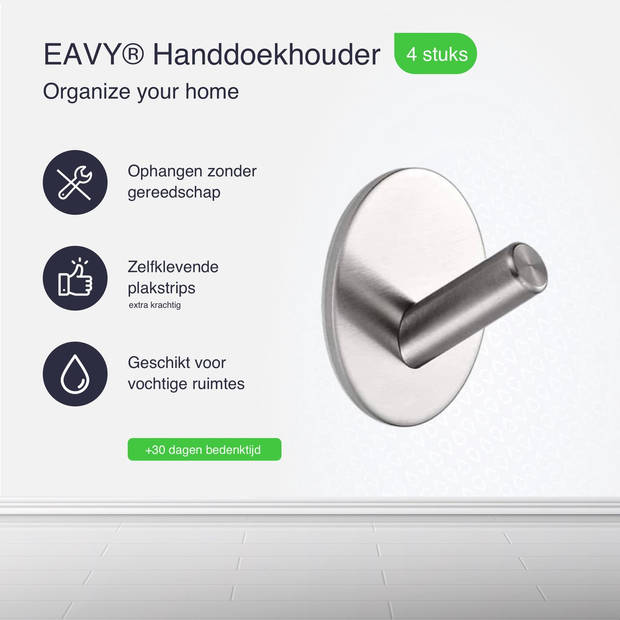 EAVY Handdoekhaakjes Zelfklevend - Set van 4 Handdoek Haakjes - Wandhaak - Handdoekhouder