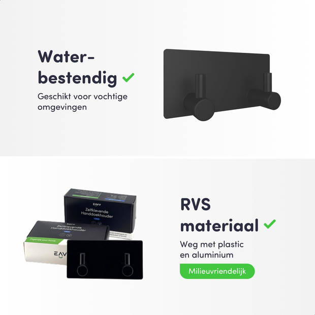 EAVY - Zelfklevende handdoekhaakjes RVS - handdoekhouder - wandhaak - plakhaak - Zwart