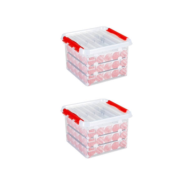Set van 2 - Q-line kerst opbergbox 26L met trays voor 75 kerstballen transparant rood