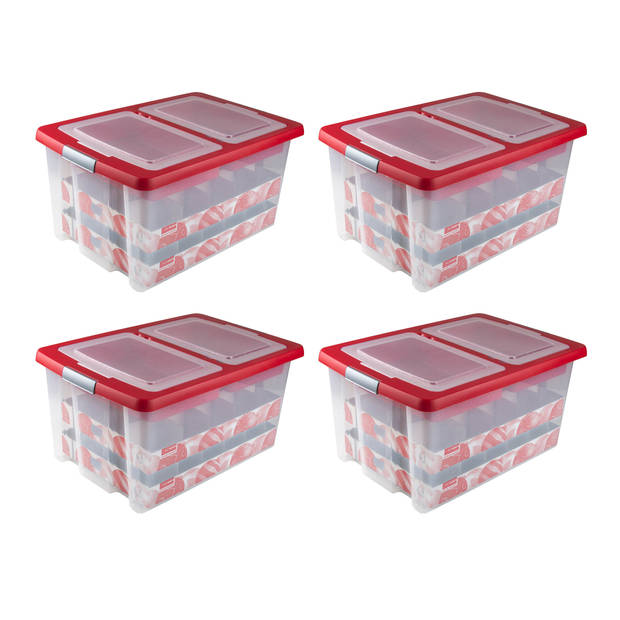 Set van 4 - Nesta kerst opbergbox 51L met trays voor 40 kerstballen transparant rood