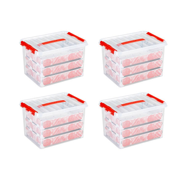 Set van 4 - Q-line kerst opbergbox 22L met trays voor 60 kerstballen transparant rood