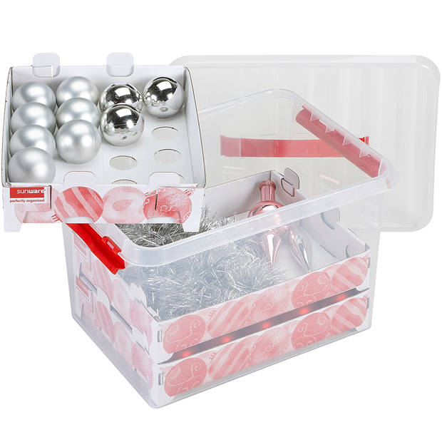 Set van 4 - Q-line kerst opbergbox 22L met trays voor 60 kerstballen transparant rood