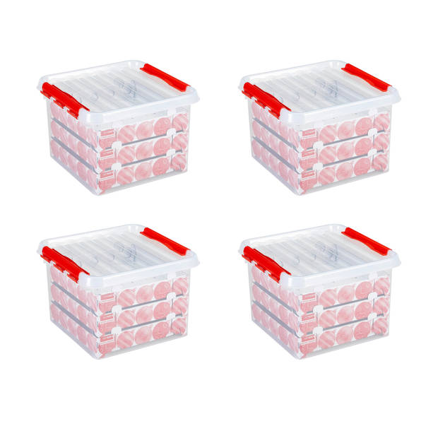 Set van 4 - Q-line kerst opbergbox 26L met trays voor 75 kerstballen transparant rood