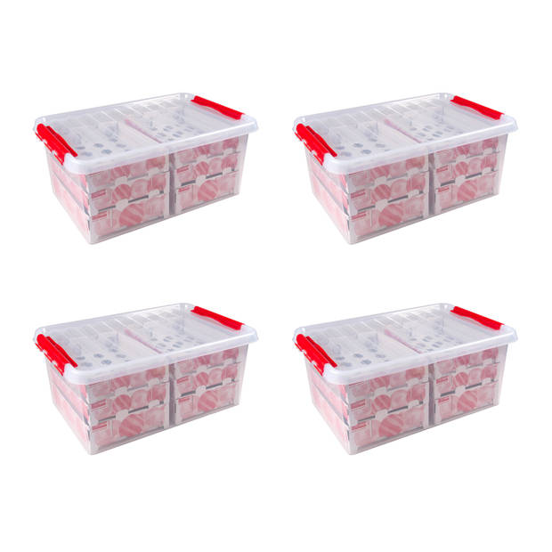 Set van 4 - Q-line kerst opbergbox 45L met trays voor 98 kerstballen transparant rood