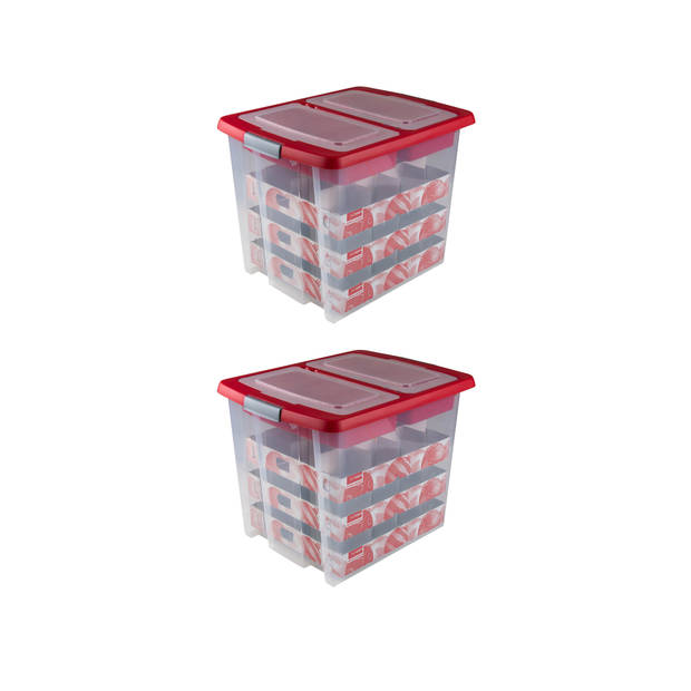 Set van 2 - Nesta kerst opbergbox 45L met trays voor 48 kerstballen transparant rood