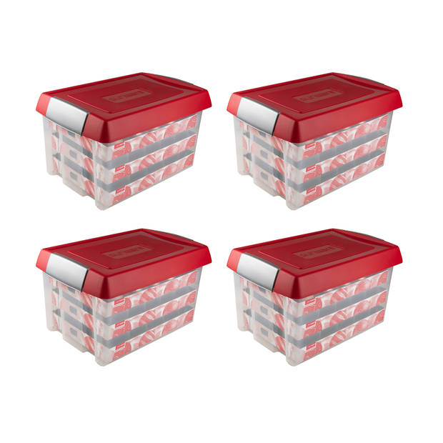 Set van 4 - Nesta kerst opbergbox 60L met trays voor 60 kerstballen transparant rood