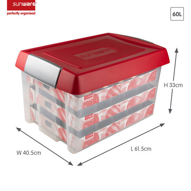 Set van 4 - Nesta kerst opbergbox 60L met trays voor 60 kerstballen transparant rood