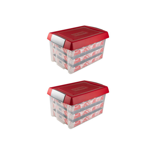 Set van 2 - Nesta kerst opbergbox 60L met trays voor 60 kerstballen transparant rood