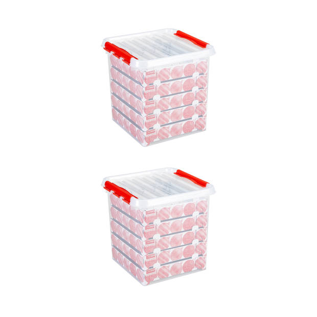 Set van 2 - Q-line kerst opbergbox 38L met trays voor 125 kerstballen transparant rood