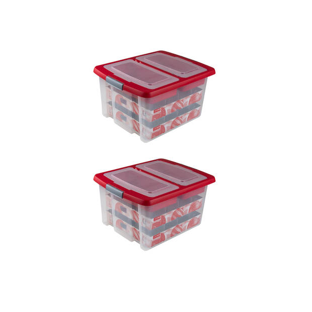 Set van 2 - Nesta kerst opbergbox 32L met trays voor 32 kerstballen transparant rood