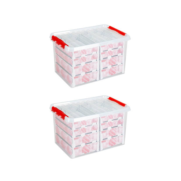 Set van 2 - Q-line kerst opbergbox 62L met trays voor 116 kerstballen transparant rood