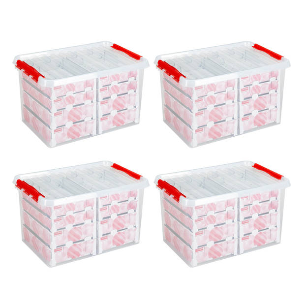 Set van 4 - Q-line kerst opbergbox 62L met trays voor 116 kerstballen transparant rood