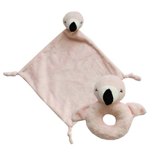 Pluche dieren setje roze flamingo knuffel rammelaar 15 cm en tutteldoekje 40 cm - Knuffeldoek