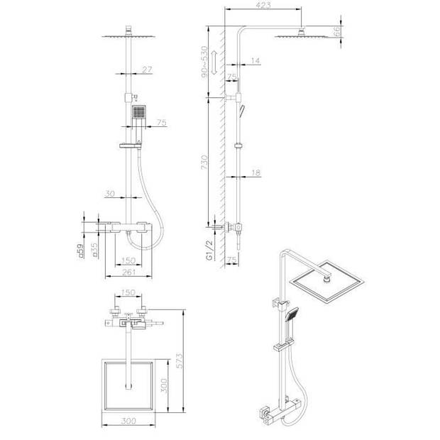 Douchestang OCEANIC - Thermostatische mengkraan - Hoge vierkante kop 30x30 cm - Mat zwart