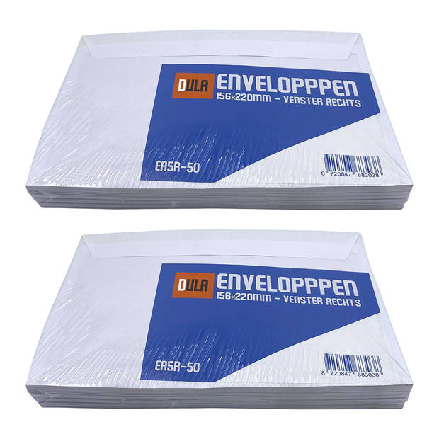 DULA EA5 Enveloppen - Venster rechts -156 x 220 mm - 100 stuks - Wit - Zelfklevend met plakstrip - 80 gram